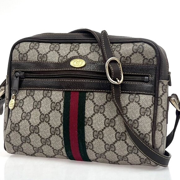 GUCCI Logo Sherry GG Pattern Shoulder Bag PVC Leather Brown Gold Italy 38FA142 - Picture 1 of 16